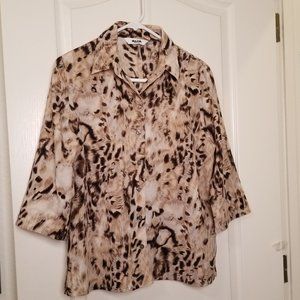 ALIA Petites Women's Casual Semi Sheer Animal Print Button up Blouse 3/4 Sleeves